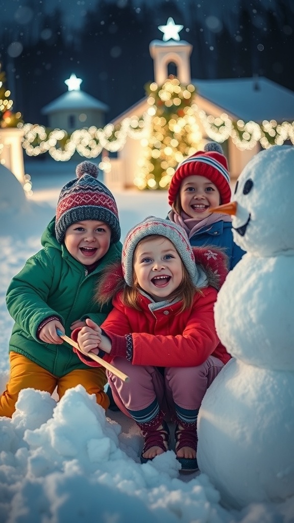 Children playing in the snow, building a snowman with Christmas lights in the background.